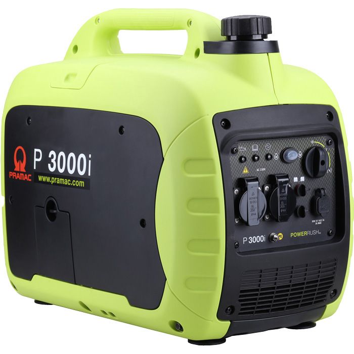 Generator P3000I Inverter fra Pramac i kabinet i lysegrøn farve