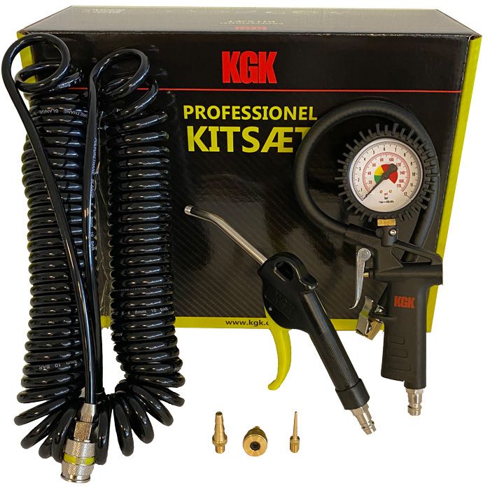 Super prof 5-delt kitsæt fra KGK i  sort og gul farve inkl. 10 meter superflex slange med fletforstærkning, 1 stk. blæsepistol BP1, 1 stk. luftpåfylder LP9, 1 stk. Malerpistol MP5, 1 Pumpenippelsæt og 10 m superflex slange.