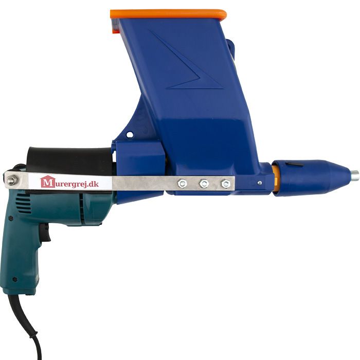 Komplet QuickPoint Mørtelfugepistol adapter i blå farve monteret på Makita specialboremaskine i grøn farve. Leveres inkl. 5 stk. fugestudser & 1 stk. mørtelske. 
