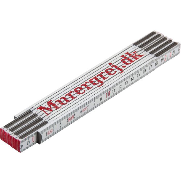 Tommestok i hvid farve med printet Murergrej.dk logo. Længde på 2 meter fordelt på 10 led.  
