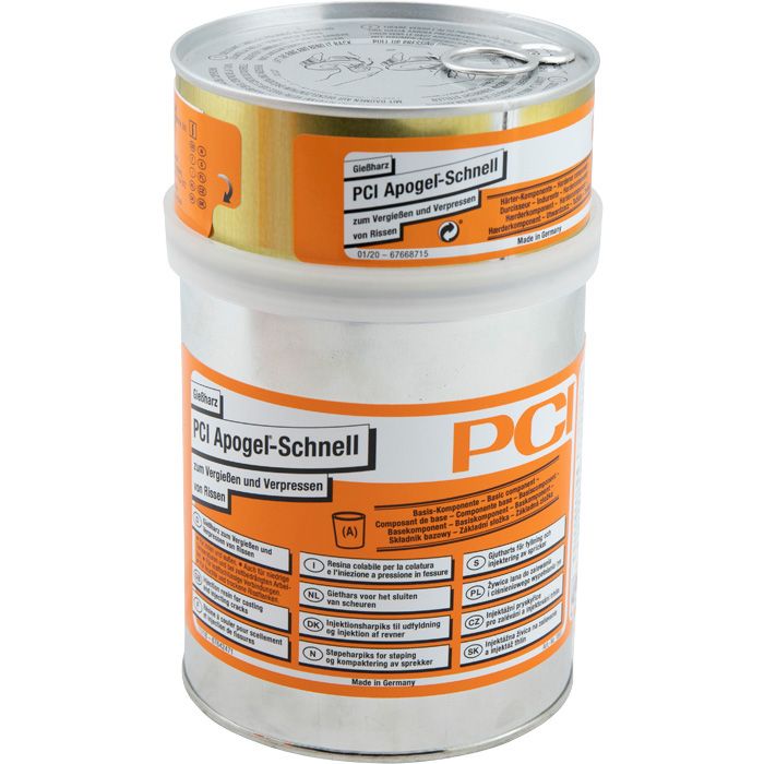 PCI Apogel H kunstharpiks i til injektion i revner og hulrum. 2-komponent epoxyprodukt. MAL-kode: 1-5. Transparent farve. Dåse med 0,5 liter. 